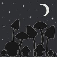 Sticker, postcard, icon with white one line mushrooms on dark background with moon and stars. vector