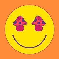 Icon, sticker in the style of a hippie with smiling emoticon with mushroom eyes on pink background. Retro hippie style vector