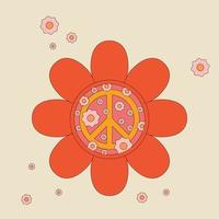 Sticker, icon with Flower in hippie style with peace symbols on beige background vector