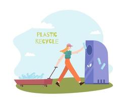 Eco zero waste sorting composition with image of girl dropping plastic bottles into separate container vector illustration