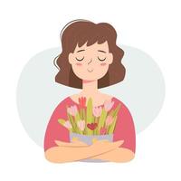 Cute girl with a floral bouquet. potted flowers gift. tulips in hands. march 8 character isolated on white background. vector