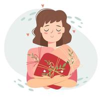 Vector young happy woman with presents and gifts
