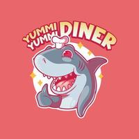 un tiburón personaje mascota vestido como un cocinero vector ilustración. logo, marca, gracioso diseño concepto.