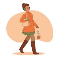 compras caminando contento mujer con productos invierno vector