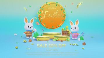 Colorful easter background with product display stand and two cute bunnies decorated with gold eggs and ribbons. Vector illustration.