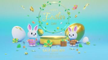 Colorful background with product display stand and two cute bunnies decorated with white eggs and gold ribbons. Vector illustration.