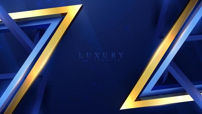 Blue luxury background with gold triangle frame decoration and light effect with bokeh elements.