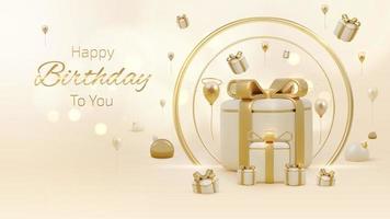 fondo de feliz cumpleaños y caja de regalo y adorno de globos realistas con cinta. vector