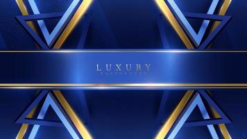 Blue luxury background with gold triangle frame decoration and light effect with bokeh elements. vector