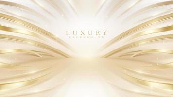 Luxury cream color background with golden line elements and curve light effect decoration and bokeh. vector