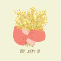 8 marzo, internacional De las mujeres día saludo tarjeta. mujer manos participación un ramo de flores de amarillo mimosa. vector ilustración