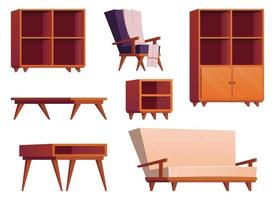 Furniture items in cartoon style. Collection of wooden wardrobe, chair, table, desk and armchair vector illustration isolated on white