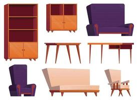mueble artículos en dibujos animados estilo. colección de de madera armario, silla, mesa, escritorio y Sillón vector ilustración aislado en blanco