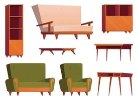 Furniture items in cartoon style. Collection of wooden wardrobe, chair, table, desk and armchair vector illustration isolated on white