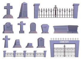 Gothic tombstones and stone crosses. Cemetery crosses, tomb mausoleum, pillar and ancient memorials with cracks vector