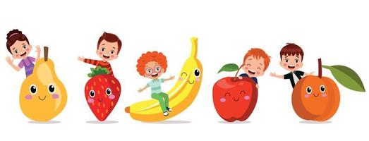 Funny Flat Cartoon Happy Yummy Fruits and kids icons clip art vector illustration