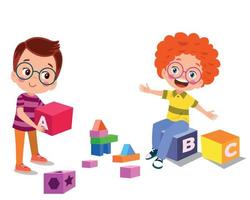 Vector Illustration Of Kid Playing With Building Blocks