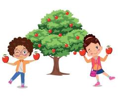 boy picking apples from tree vector