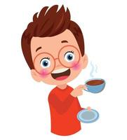 little boy drink hot coffee and feel happy vector