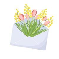 Spring illustration with flowers in an envelope. Tulips and mimosa. Flat style. vector