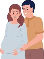 Happy husband hugging pregnant wife belly semi flat color vector characters