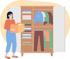 Organizing clothes on shelves in closet 2D vector isolated spot illustration. Happy woman with box flat character on cartoon background. Colorful editable scene for mobile, website, magazine