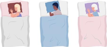 Sleeping people cuddling pillows semi flat color vector characters set. Editable figures. Full body women, man on white. Simple cartoon style illustration pack for web graphic design and animation