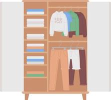 Wardrobe with organized clothes and shelves semi flat color vector object