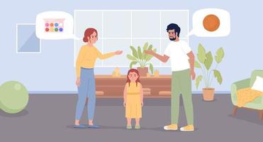 opuesto paternidad estilos plano color vector ilustración. triste preescolar niñito niña y disputas padres. héroe imagen. editable 2d sencillo dibujos animados caracteres con vivo habitación interior en antecedentes