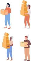 People carrying heavy cardboard boxes semi flat color vector characters set