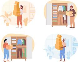 Decluttering clothes in wardrobe 2D vector isolated spot illustration set. People with cardboard boxes flat characters on cartoon background. Colorful editable scene pack for mobile, website, magazine