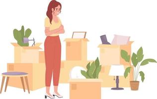 Excited woman preparing belongings for moving semi flat color vector character
