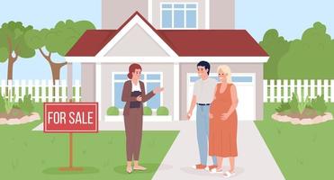 Real estate agent showing home to pregnant couple flat color vector illustration. Hero image. Fully editable 2D simple cartoon characters with landscape on background