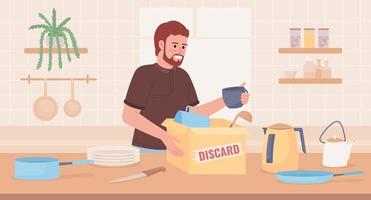 Decluttering kitchen countertop and drawers flat color vector illustration. Packing for discarding. Hero image. Fully editable 2D simple cartoon character with interior on background