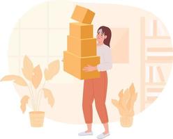 Owning lot of useless stuff 2D vector isolated spot illustration. Young woman holding large boxes pile flat character on cartoon background. Colorful editable scene for mobile, website, magazine