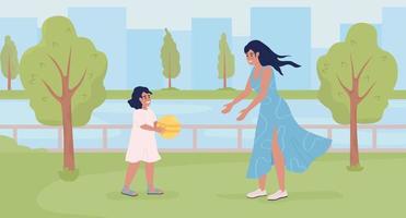 Mother with daughter enjoying time on waterfront flat color vector illustration. Playing with toddler on park. Hero image. Fully editable 2D simple cartoon characters with landscape on background