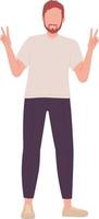 Bearded man posing with peace sign semi flat color vector character. Editable figure. Full body person on white. Simple cartoon style spot illustration for web graphic design and animation