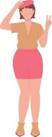 Curvy pretty woman posing with victory sign semi flat color vector character. Editable figure. Full body person on white. Simple cartoon style spot illustration for web graphic design and animation