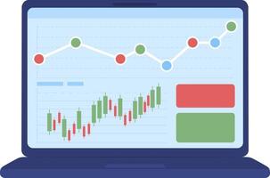 Laptop screen with stock charts semi flat color vector object. Trading platform. Editable element. Full sized icon on white. Simple cartoon style spot illustration for web graphic design and animation