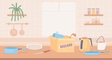 Kitchen countertop with cardboard boxes for discarding flat color vector illustration. Declutter appliances, utensils. Editable 2D simple cartoon interior with window on background