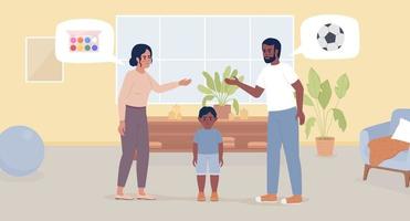 Conflicting parenting styles flat color vector illustration. Unhappy preschool toddler and arguing parents. Hero image. Fully editable 2D simple cartoon characters with living room on background