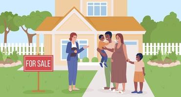 Realtor showing two story home to large family flat color vector illustration. Hero image. Editable 2D simple cartoon characters with building exterior on background