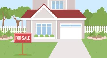 Suburban house for sale flat color vector illustration. Selling new real estate. Two story home with garage and garden on backyard. Editable 2D simple cartoon landscape