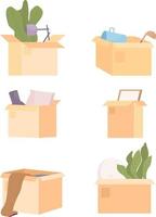 Open packing boxes with belongings semi flat color vector objects bundle