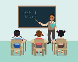 Young male African teacher with pointing stick teaching math lesson to students in the classroom vector