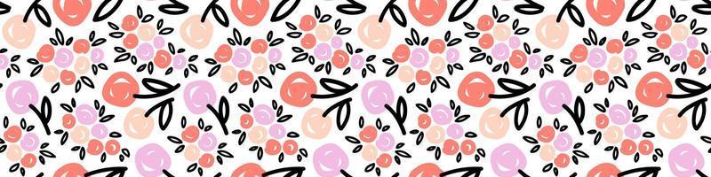 Hand drawn seamless Pattern with big and small Flowers for textile, wallpaper, greeting, wrapping, package. Stylized roses background. Simple Spring or Summer texture. Vector illustration.