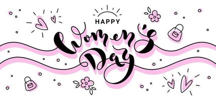 Womens Day background with hearts, bags, flowers, leaves. Isolated girlish sketched elements and lettering for Woman day banner in pink and black colors. Vector illustration.