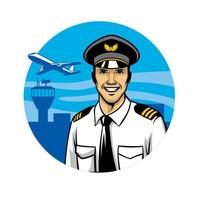 smiling pilot with background of the airport vector