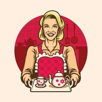 vintage style of women wearing apron presenting a set of tea vector