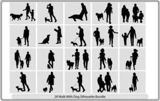 People walking with dogs. Black and white vector illustration.